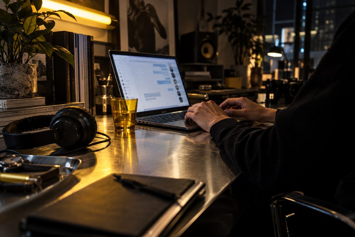 Un poste de travail de soirée, éclairé par une lumière jaune, avec ordinateur et casque.